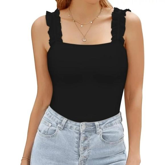 NWT MangoPop Square Neck Ruffle Strap Stretchy Tank Top Bodysuit - Picture 2 of 11